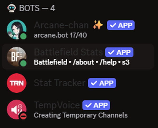 Bots activos en el servidor: Arcane-chan, Battlefield Stats, Stat Tracker