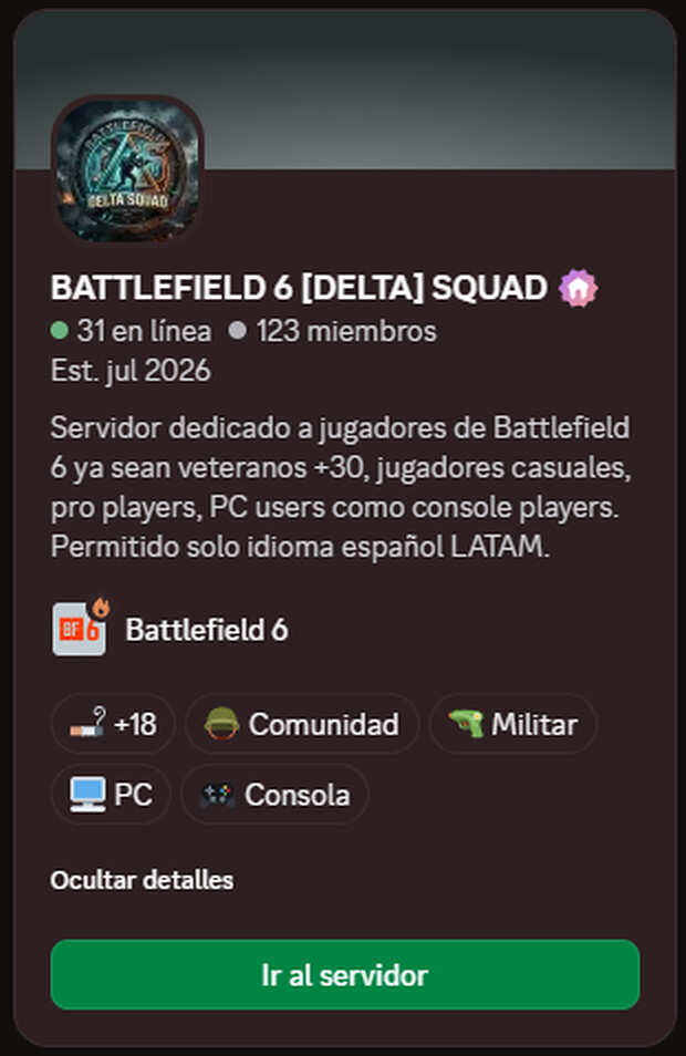 Widget del servidor Delta Squad mostrando miembros en línea