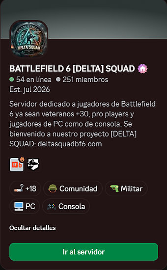 Captura real del servidor de Discord Battlefield 6 Delta Squad con 251 miembros